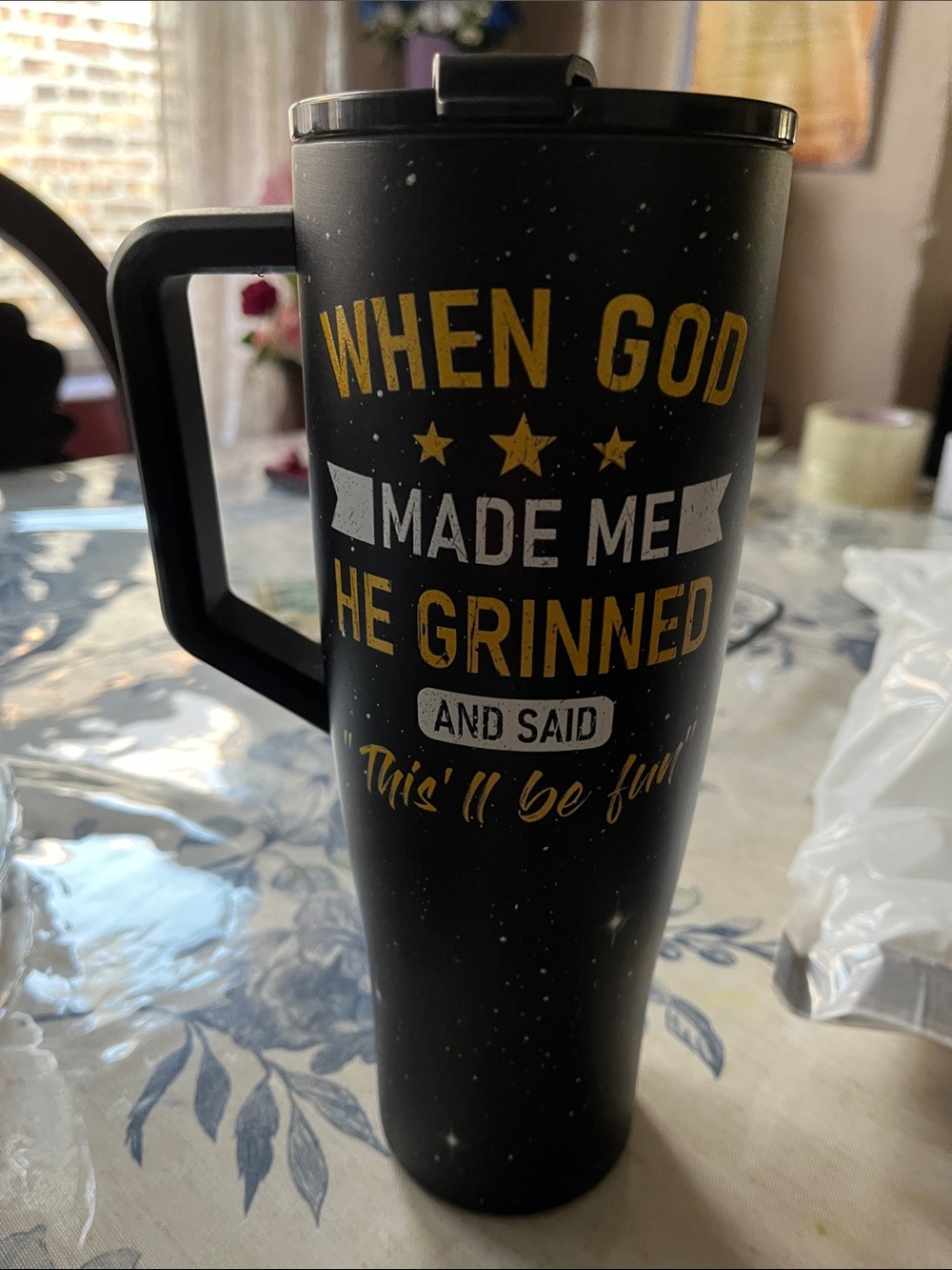 Black 'When God Made Me He Grinned' Insulated Travel Tumbler